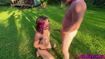 Puppy Girl Pissed on and Fucked by Dominant Daddies Poolside-chastity charli